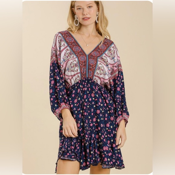 Umgee Mixed Print Long Sleeve Dress - Picture 2 of 4